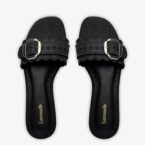 Larroude Ivy Broderie Flat Mule In Black Raffia